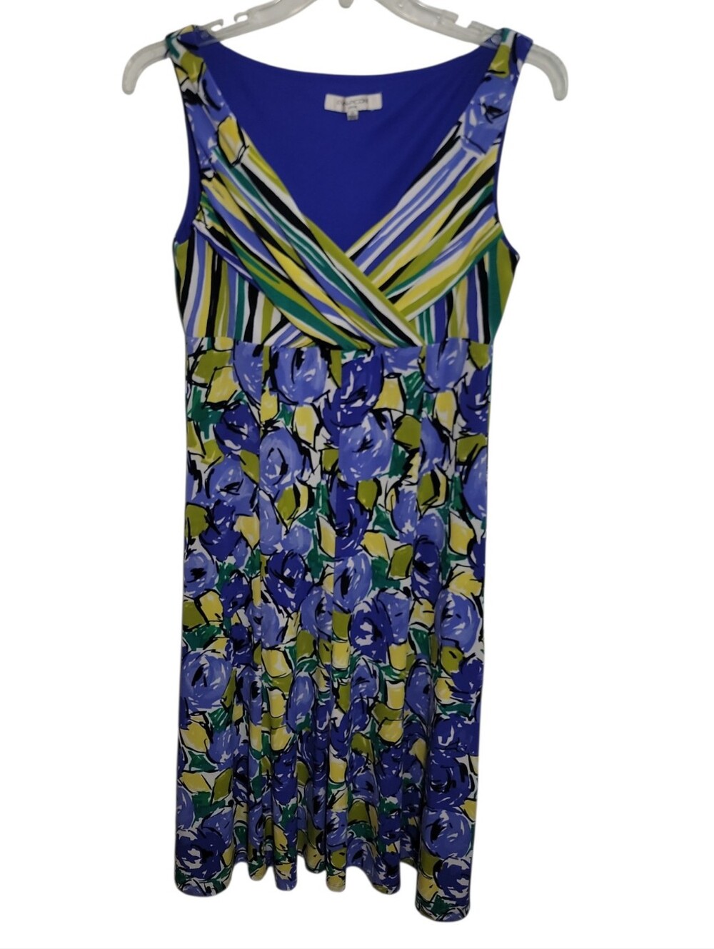 Evan-Piconec sleeveless floral striped women's v neck midi dress size 12 stretch